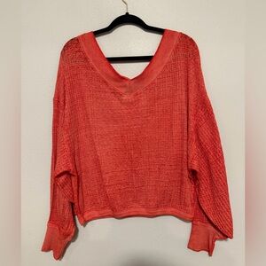 We The Free Coral V-Neck Waffle Knit Oversized Sweater